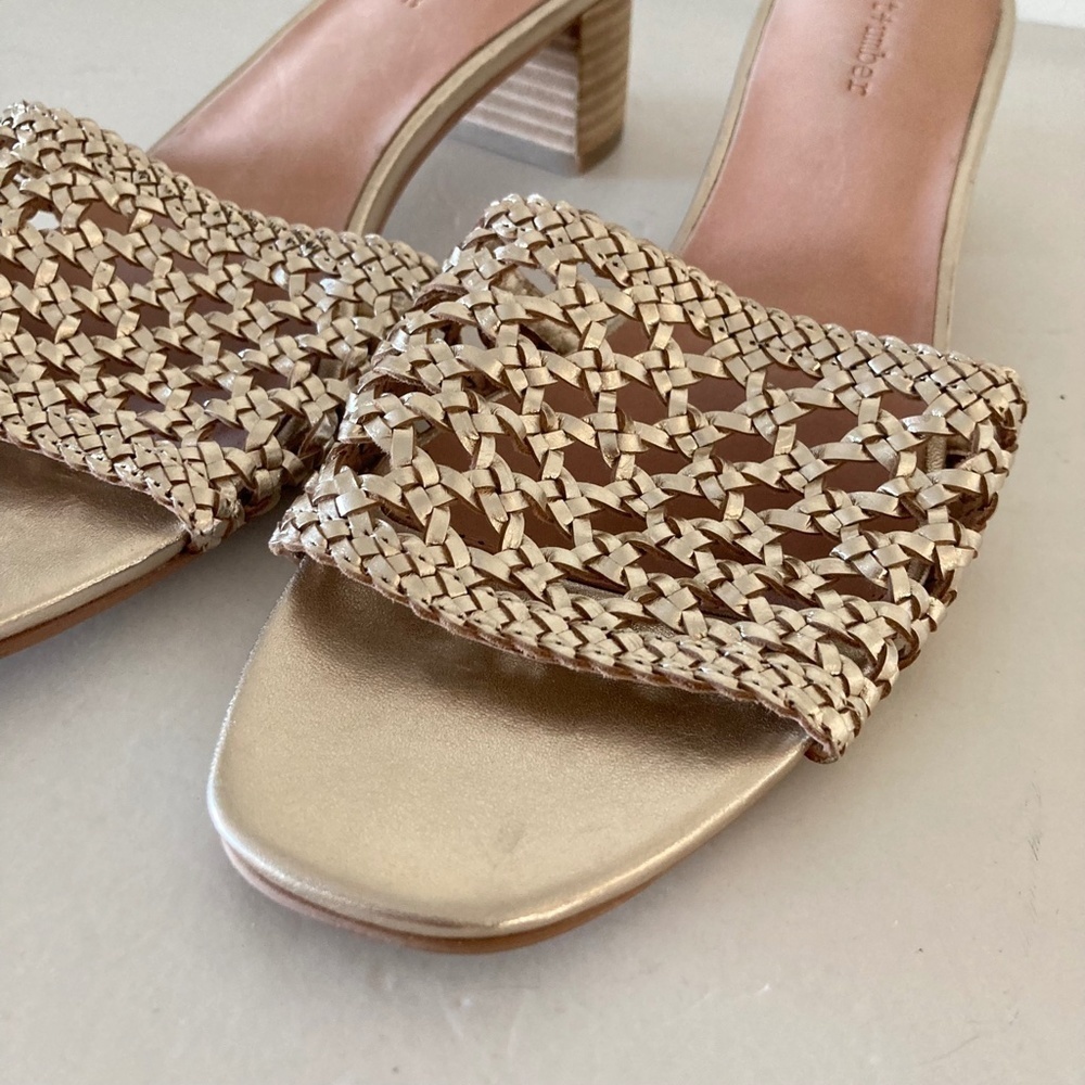 NWOT Salt + Umber Anthropologie Tripoli Gold Leather Woven Heels - Picture 3 of 8
